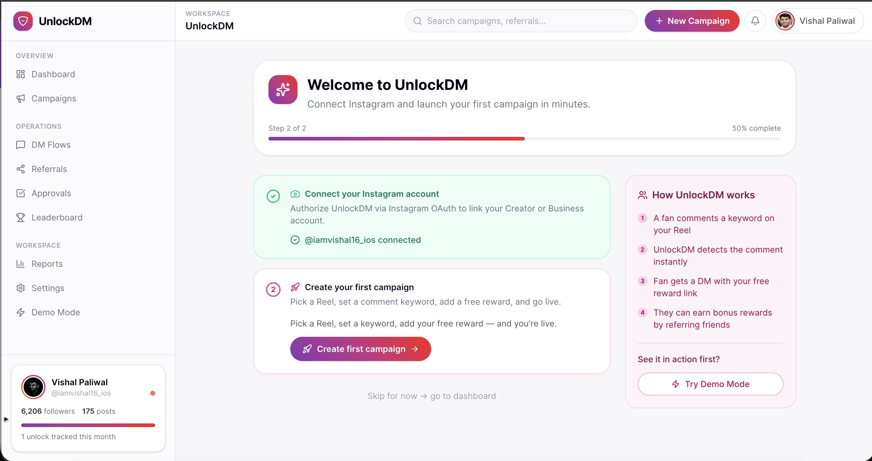 UnlockDM dashboard showing a connected creator profile with mock followers and posts