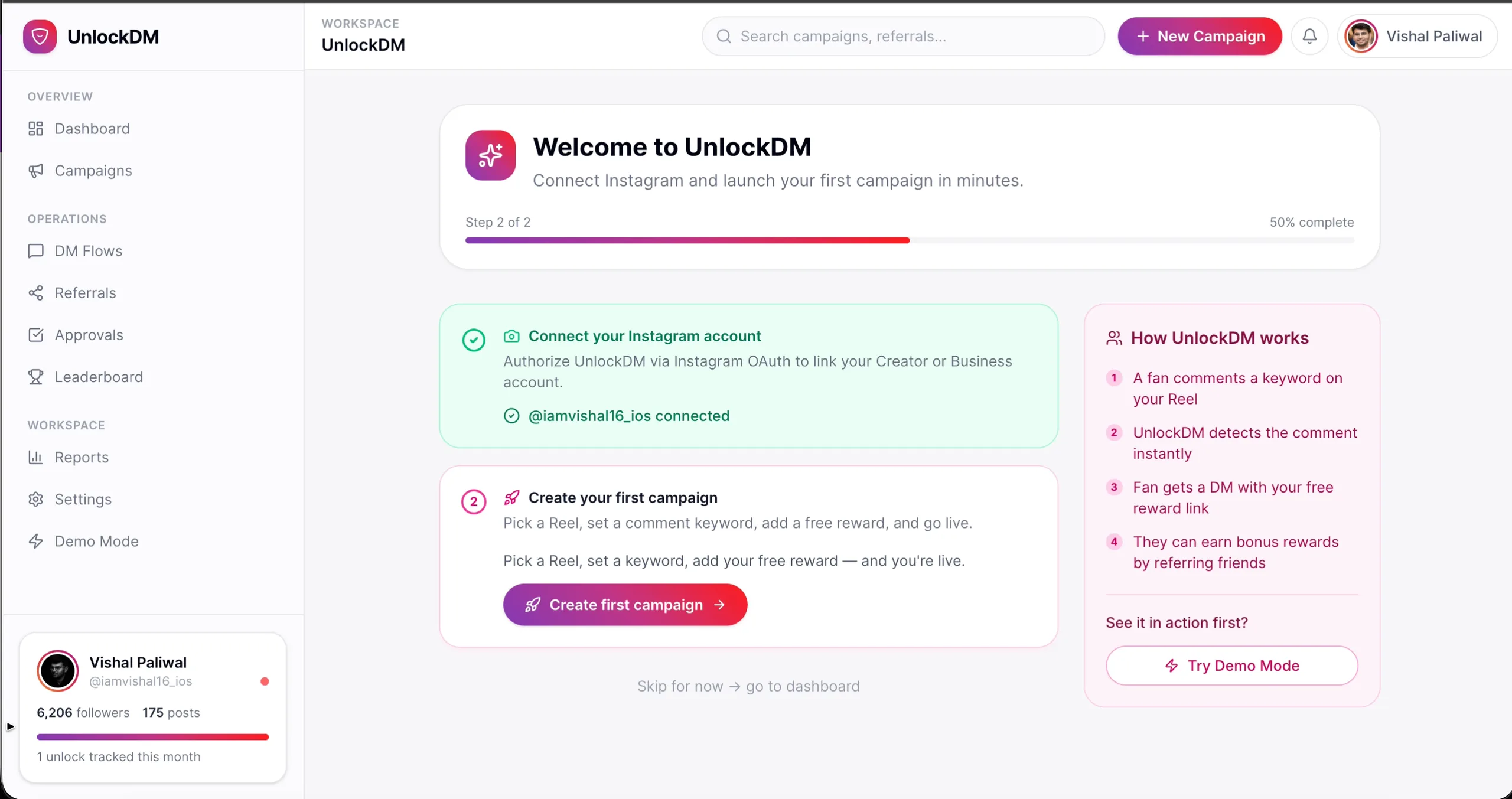 UnlockDM dashboard showing a connected creator profile with mock followers and posts