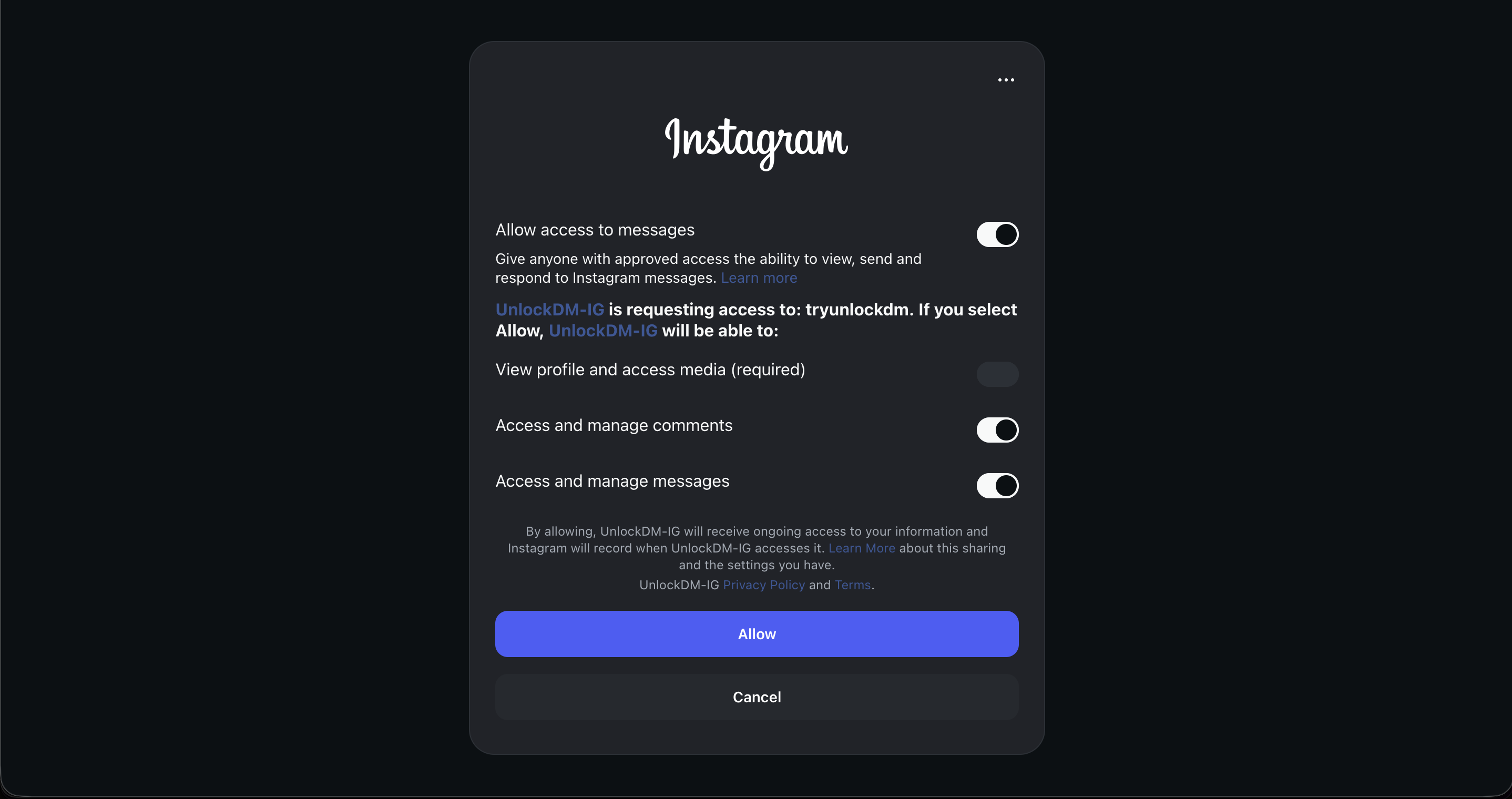 Mock Instagram permission approval screen for UnlockDM
