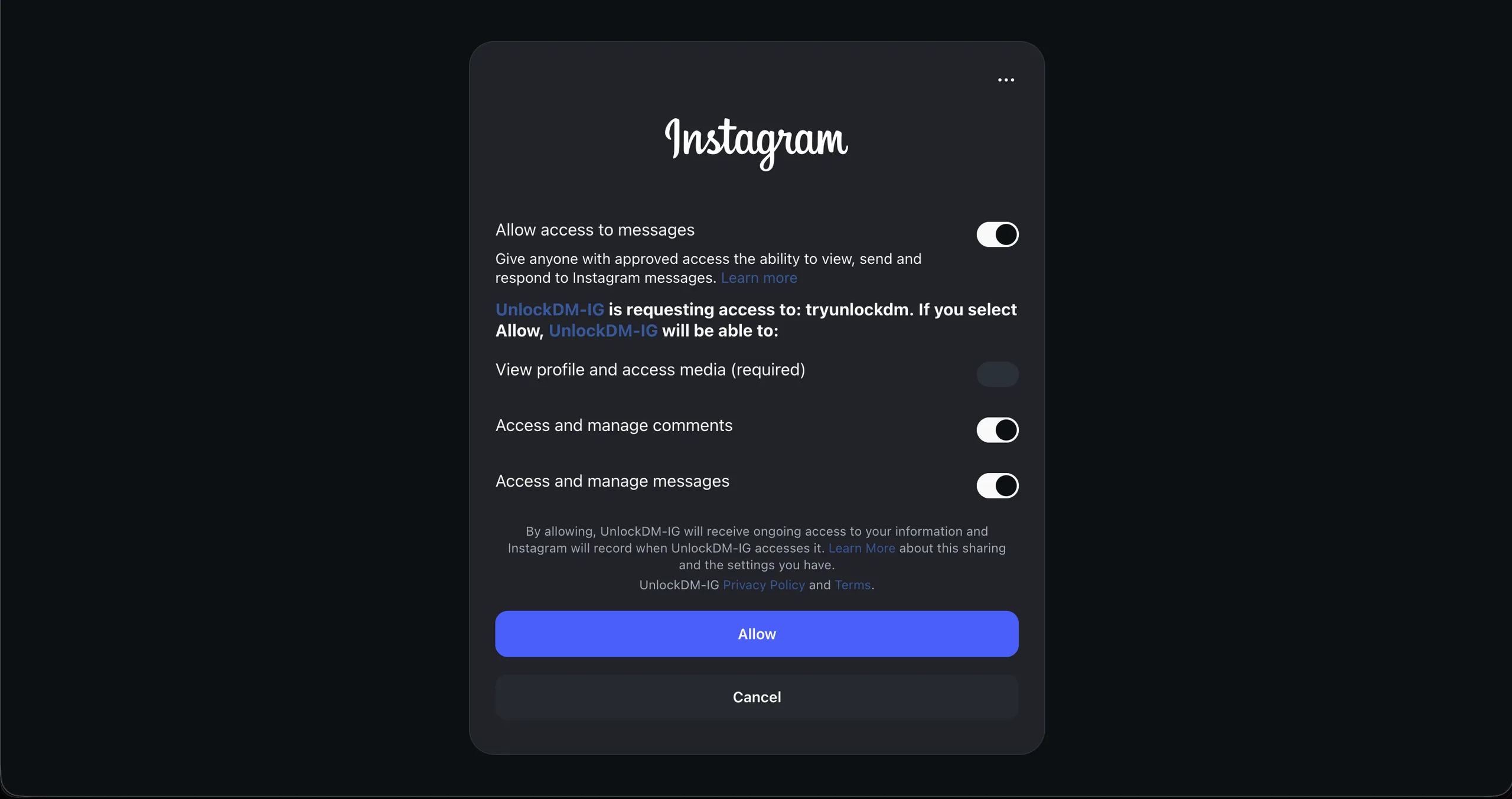 Mock Instagram permission approval screen for UnlockDM