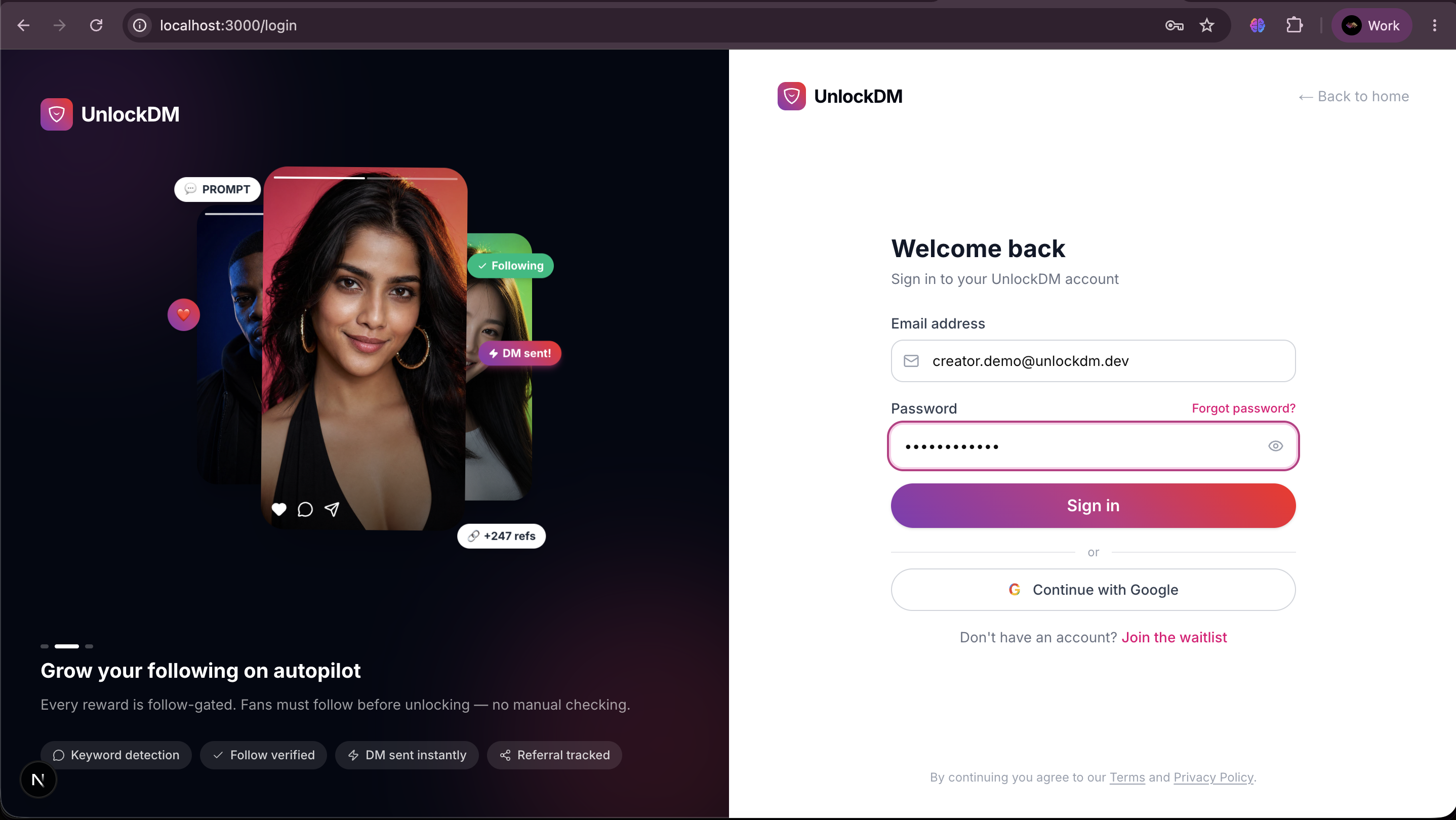 UnlockDM login screen before connecting Instagram