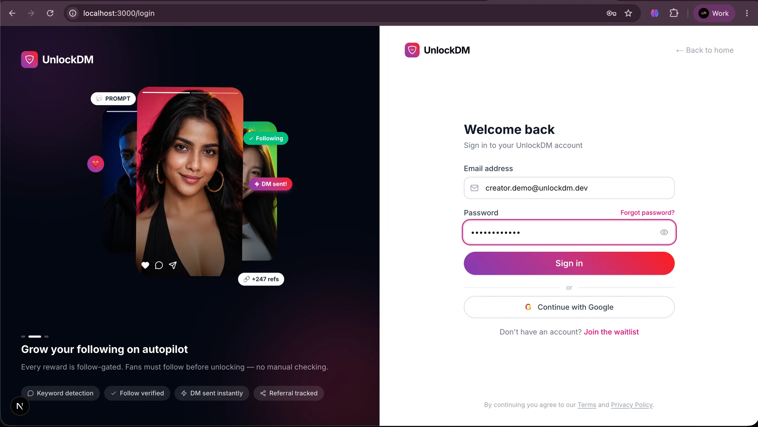 UnlockDM login screen before connecting Instagram