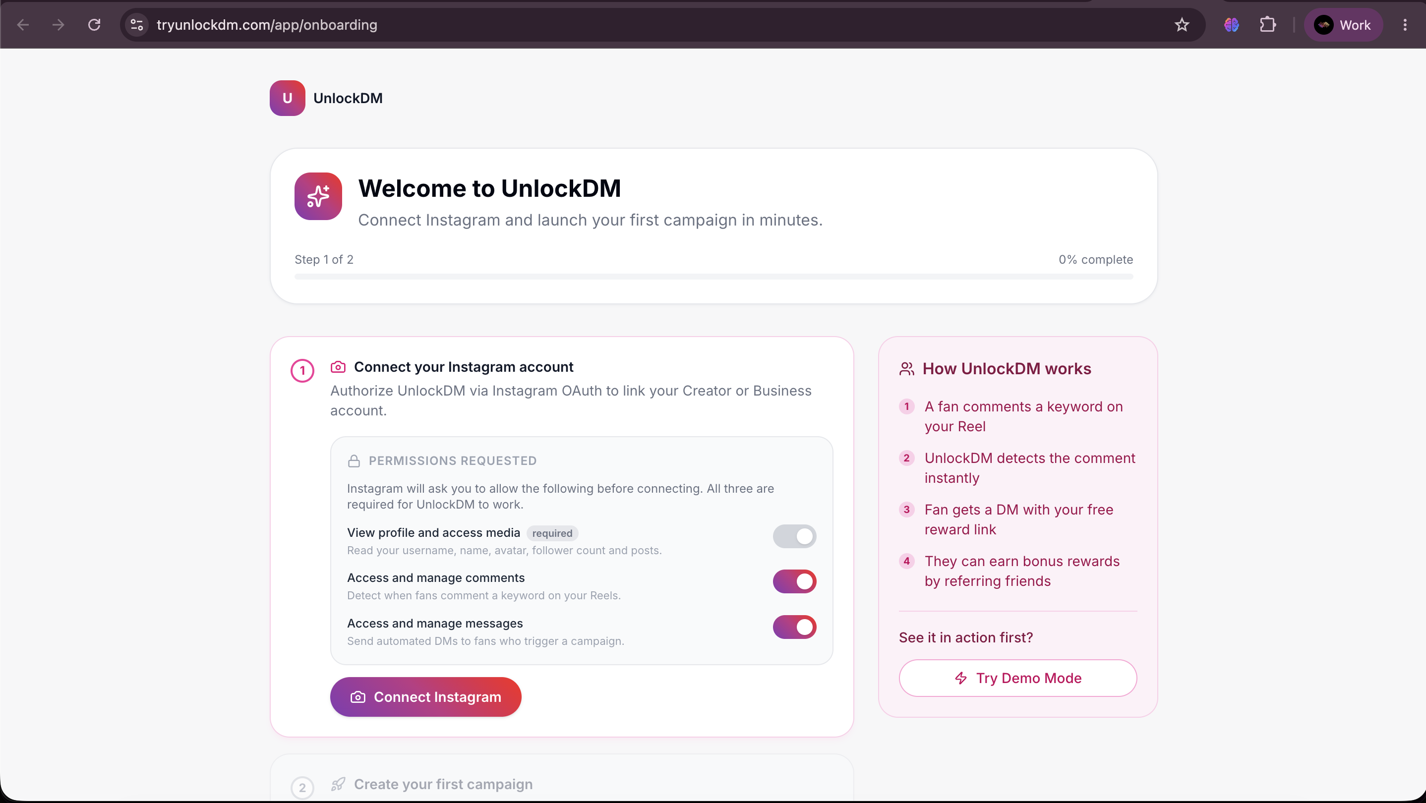 UnlockDM onboarding screen showing the Connect Instagram step