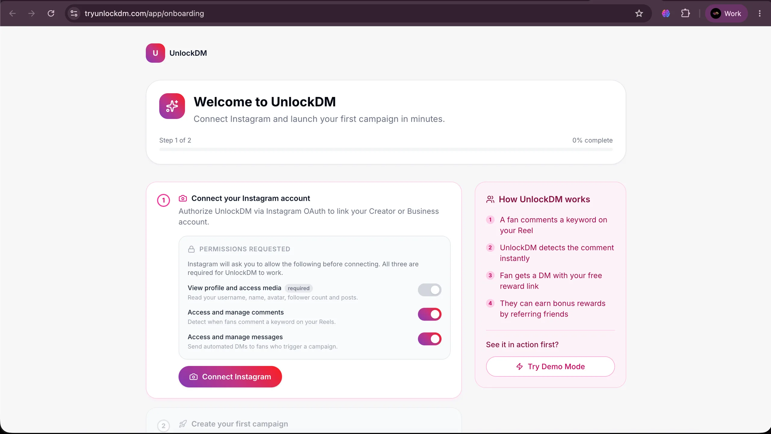 UnlockDM onboarding screen showing the Connect Instagram step