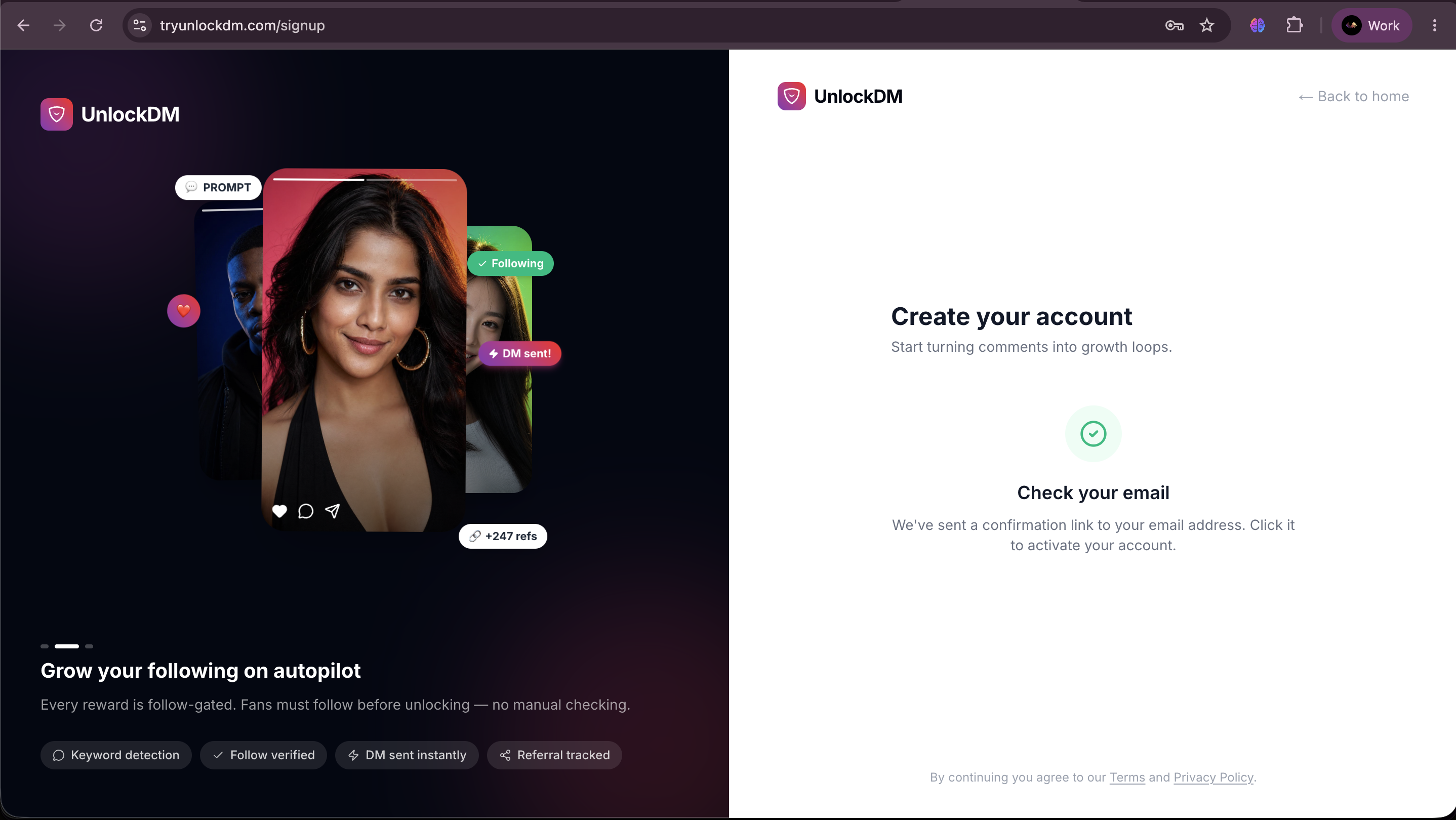 UnlockDM confirmation screen asking you to check your email