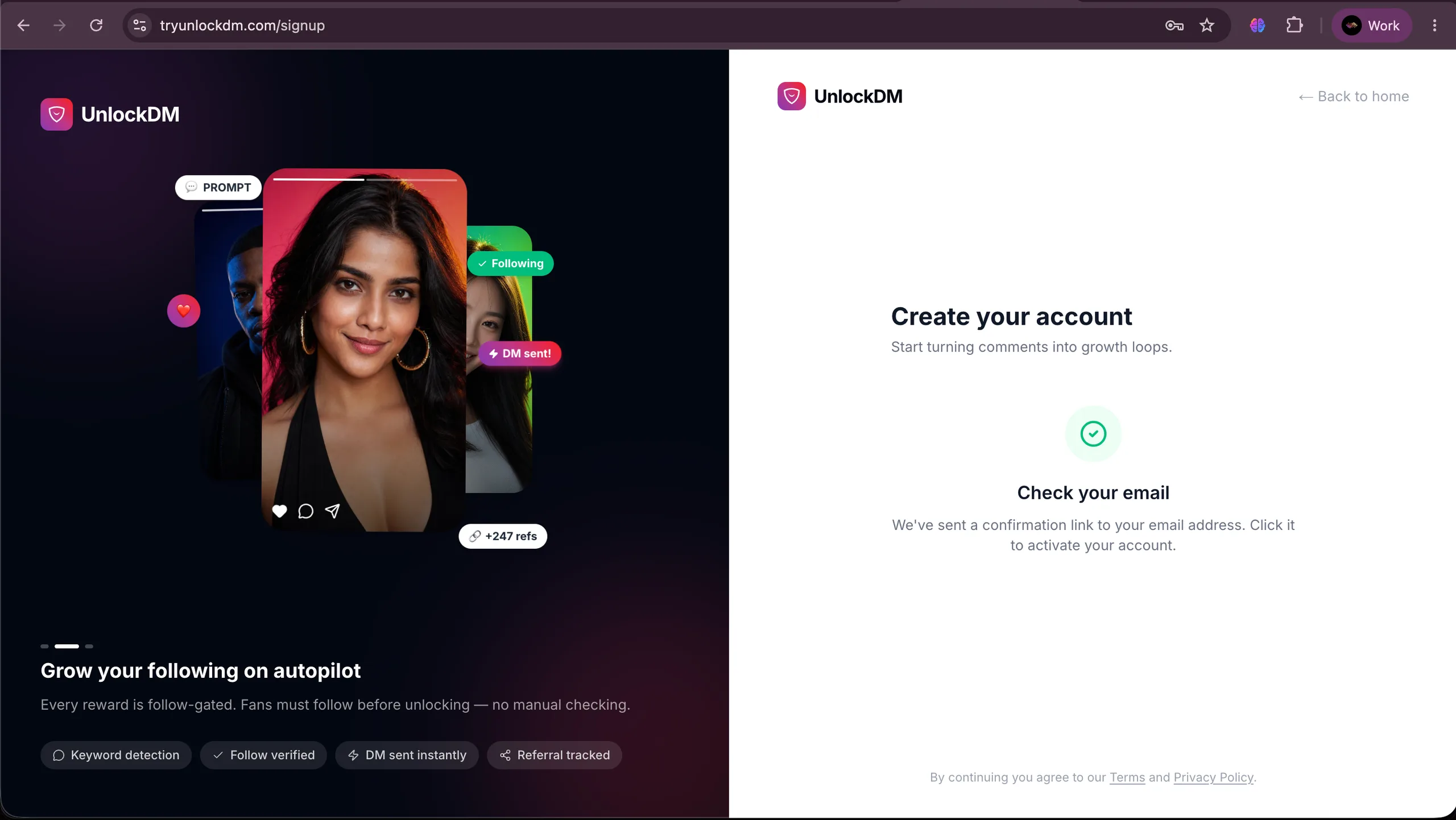 UnlockDM confirmation screen asking you to check your email
