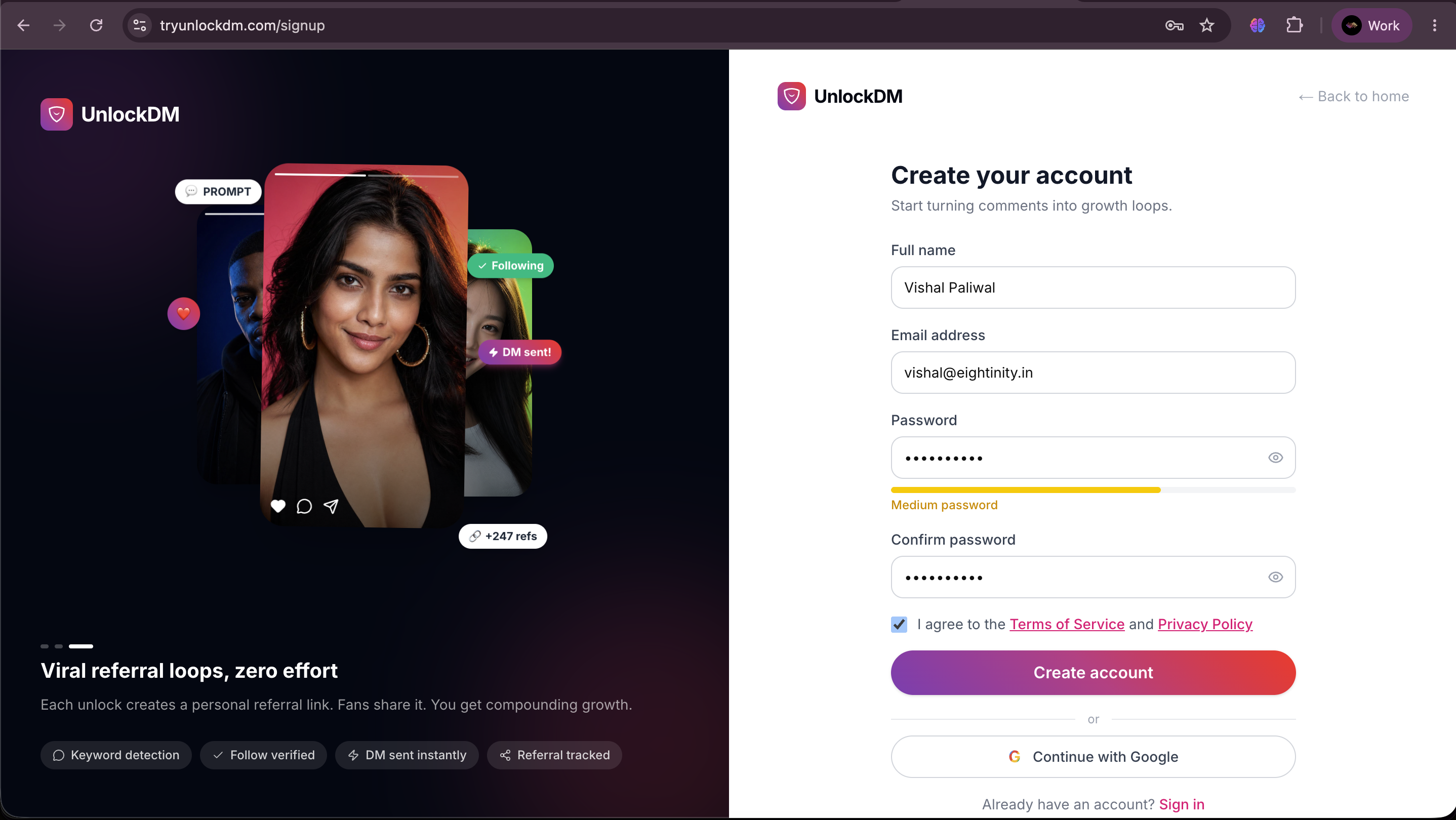 UnlockDM signup screen for creating a new account