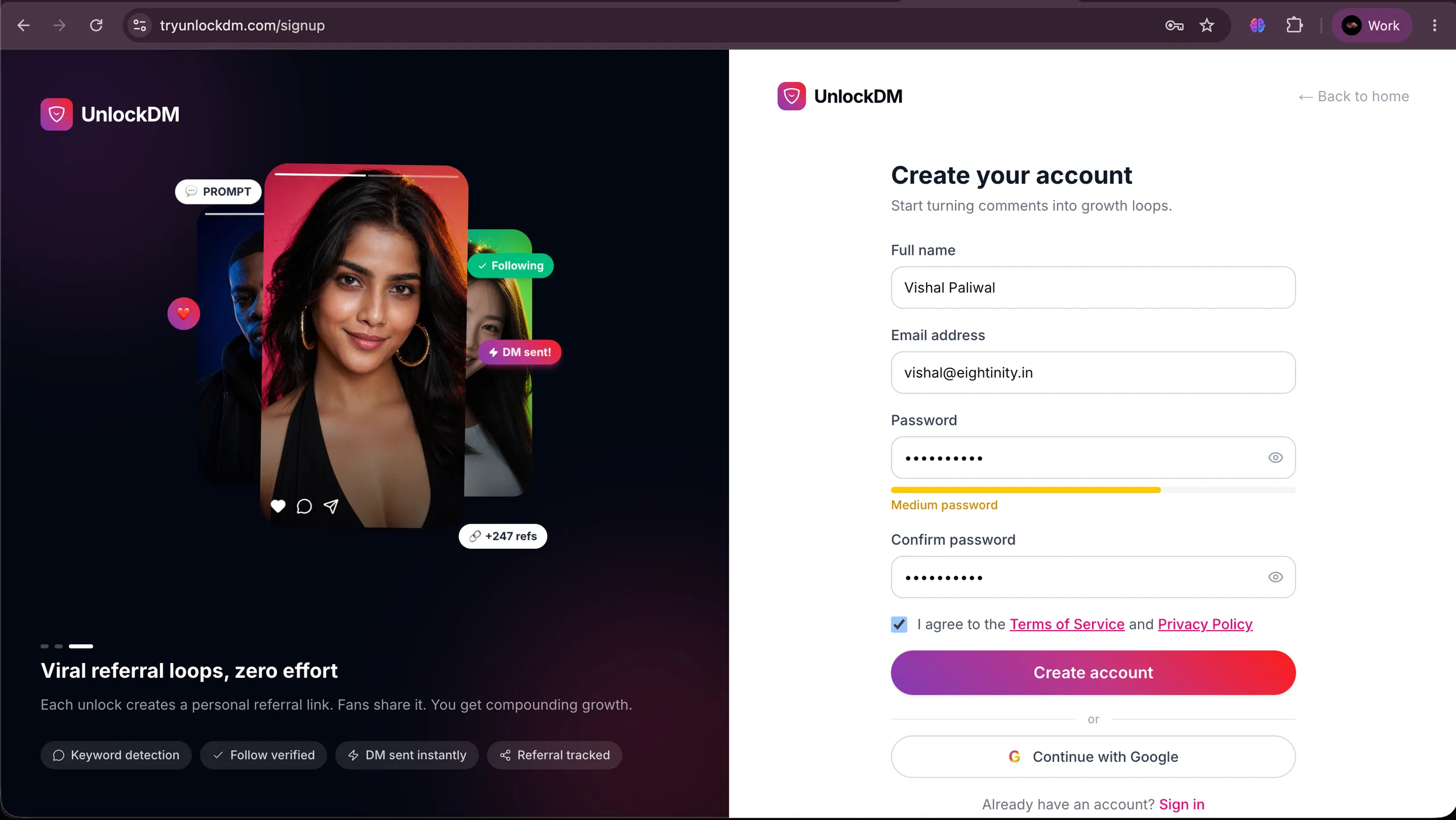 UnlockDM signup screen for creating a new account