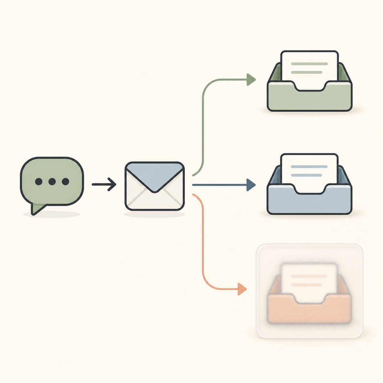A comment-triggered private message branching into the main inbox, Requests, and a filtered Hidden Requests tray
