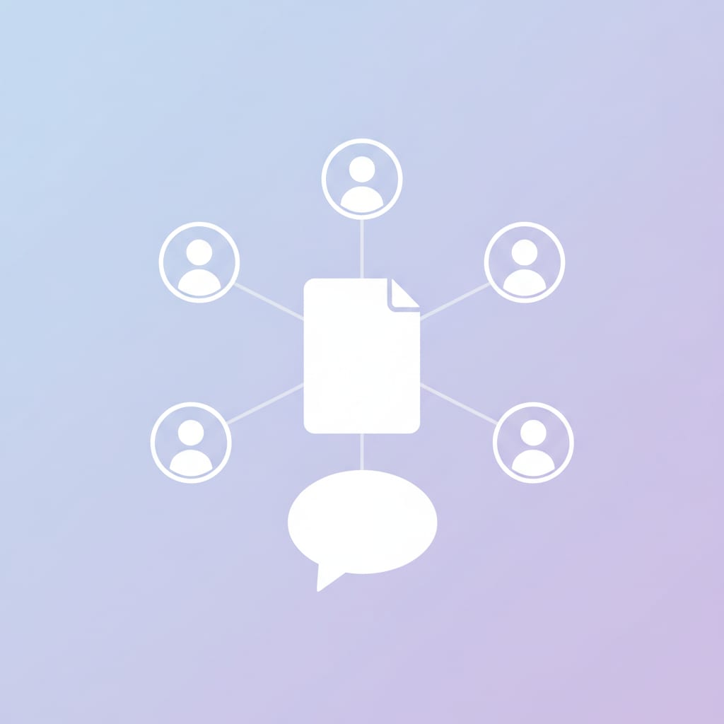 One shared post icon connecting outward to several profile icons, with a single comment bubble underneath all of them