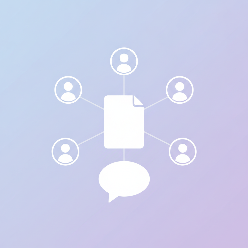 One shared post icon connecting outward to several profile icons, with a single comment bubble underneath all of them