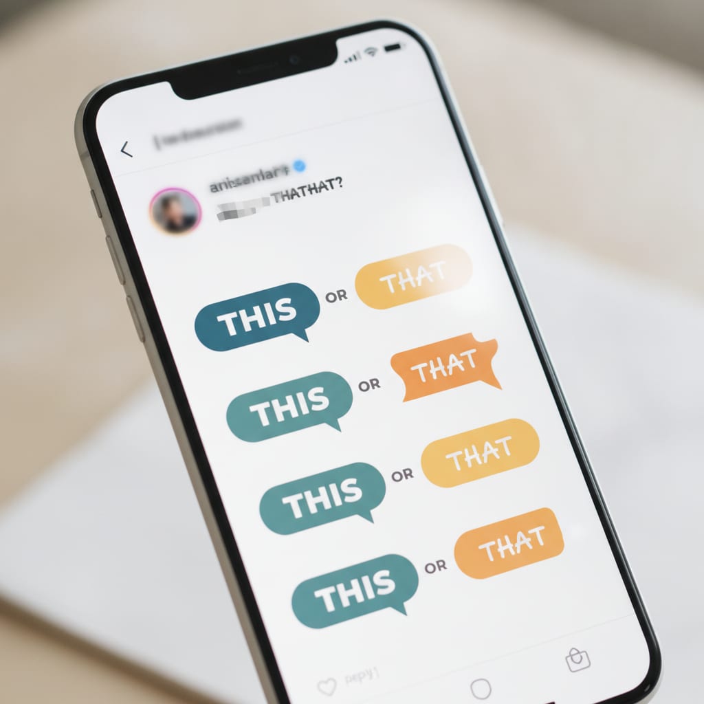Phone screen showing comment thread with this-or-that replies under a Reel
