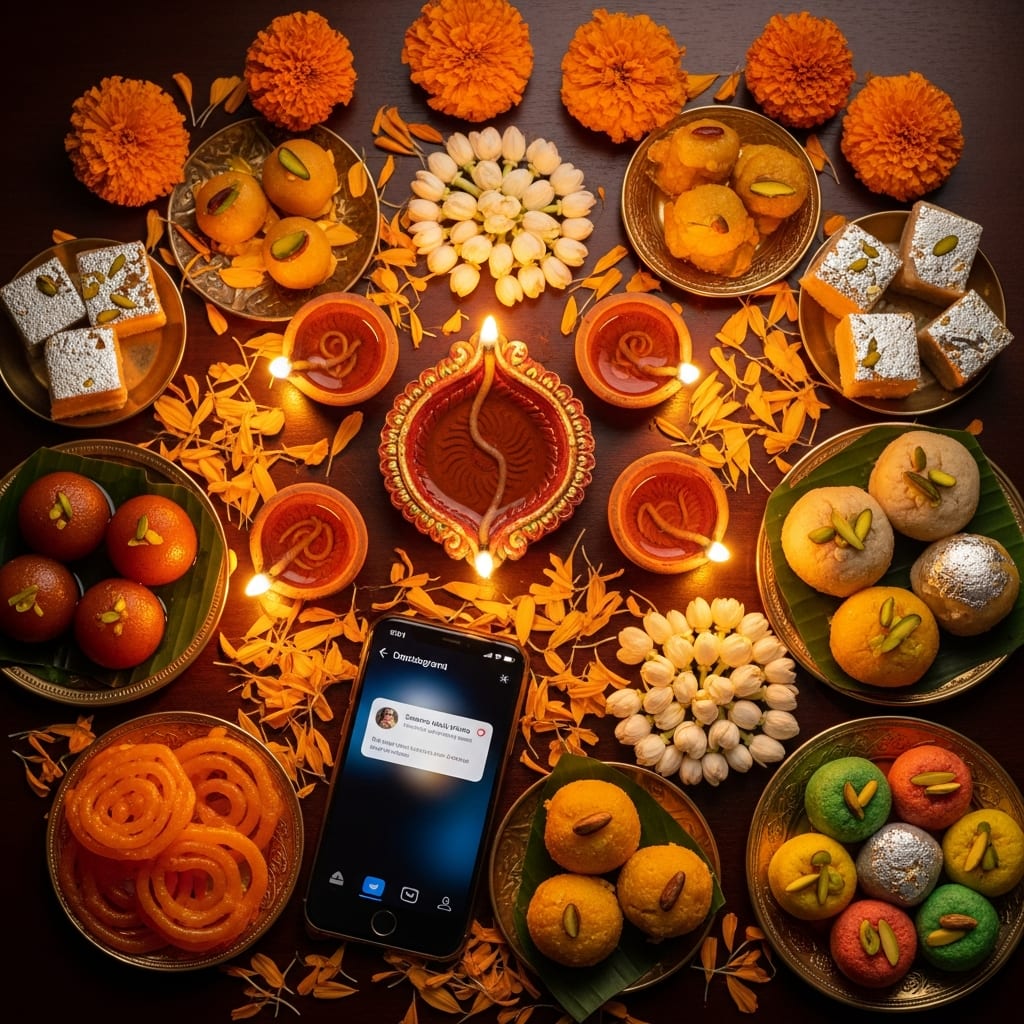 Diwali Instagram giveaway flat-lay setup with diyas and smartphone