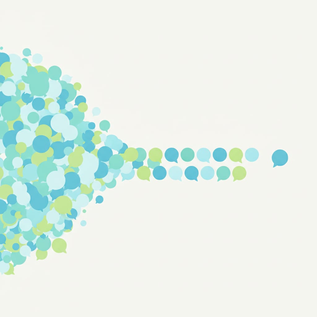 A burst of messages funneling into a steady paced queue that releases them safely one at a time