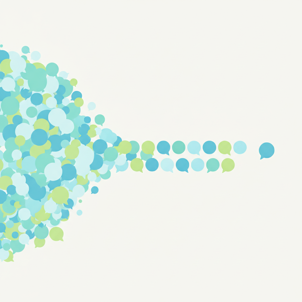 A burst of messages funneling into a steady paced queue that releases them safely one at a time