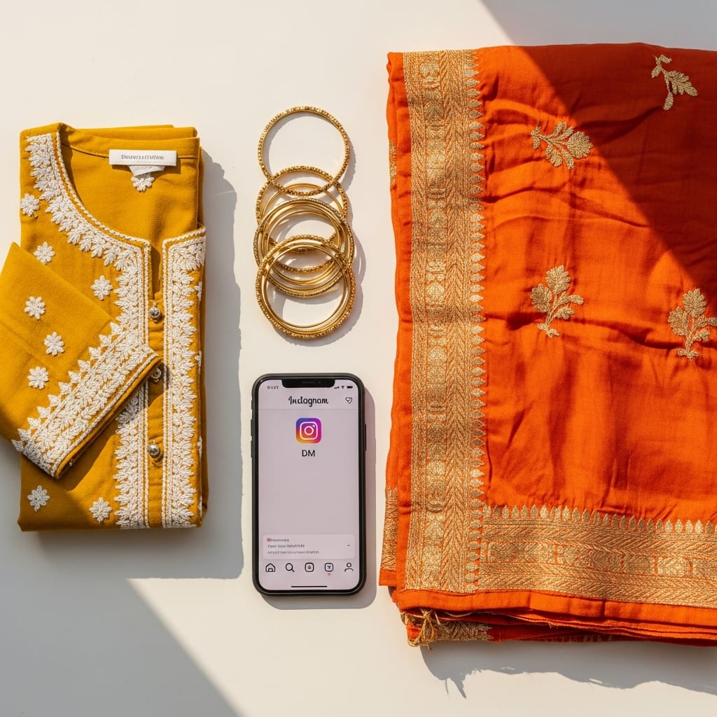 Indian fashion flat-lay with ethnic clothing, accessories and Instagram DM notification