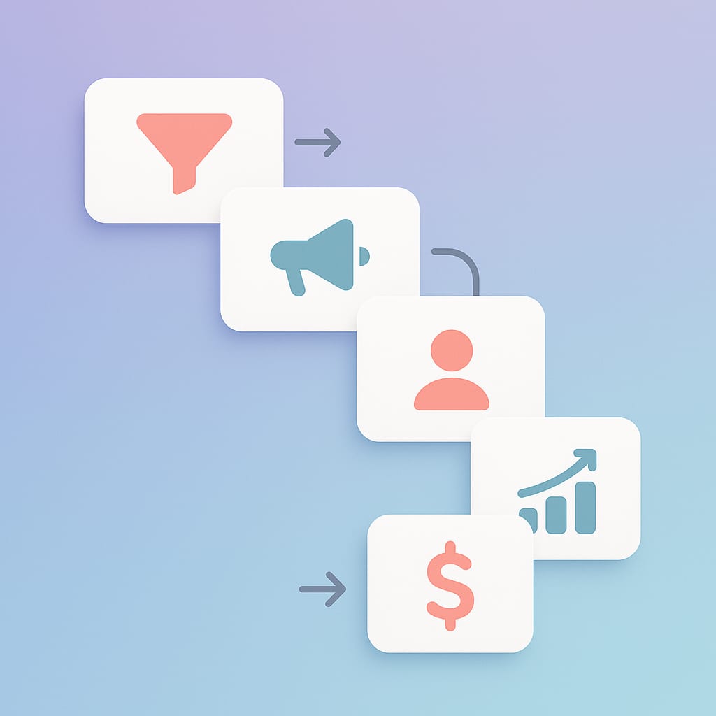 Five connected horizontal stages of an Instagram DM funnel illustrated as clean minimal steps