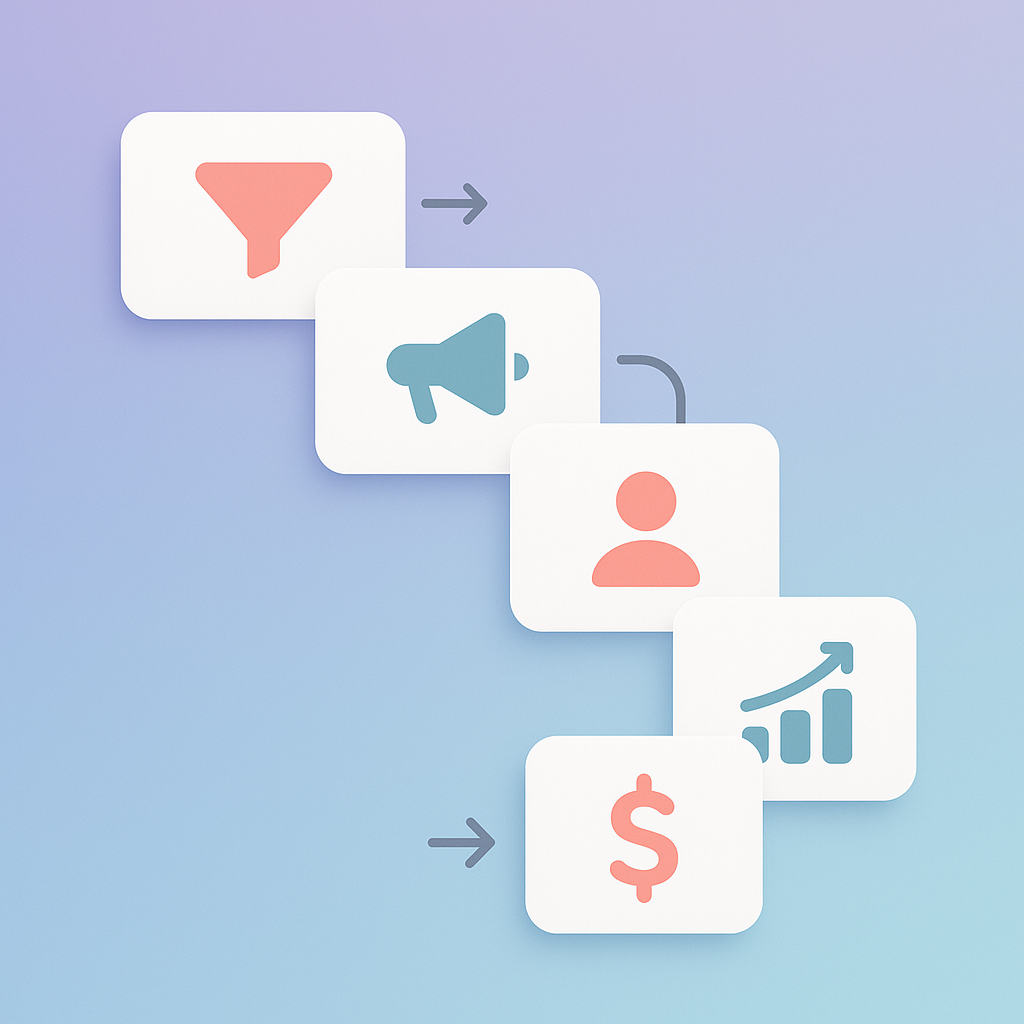 Five connected horizontal stages of an Instagram DM funnel illustrated as clean minimal steps