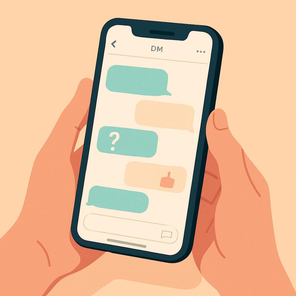 A modern smartphone illustration showing a two-way DM conversation with interactive prompt bubbles