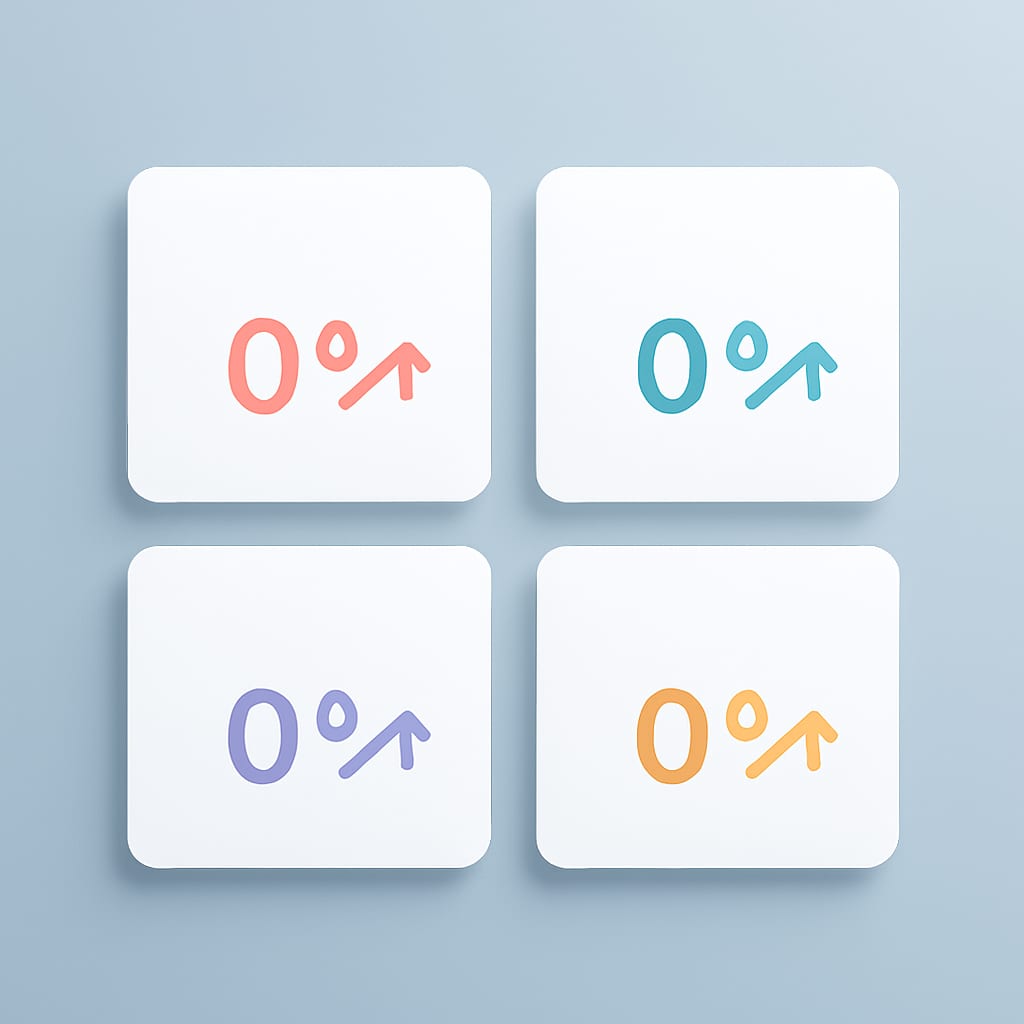A minimal floating analytics dashboard with four metric cards showing percentage indicators in coral, teal, lavender, and amber
