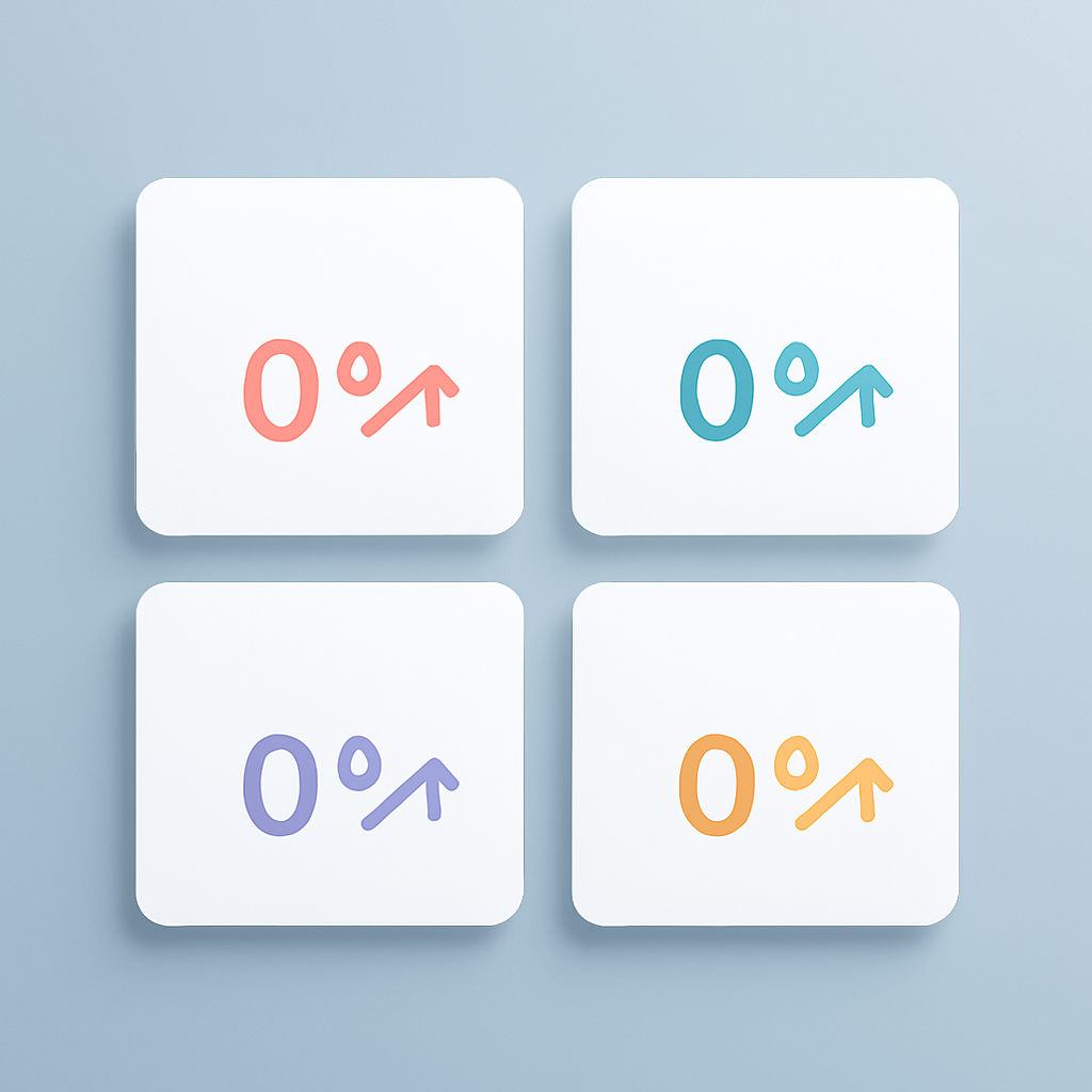 A minimal floating analytics dashboard with four metric cards showing percentage indicators in coral, teal, lavender, and amber