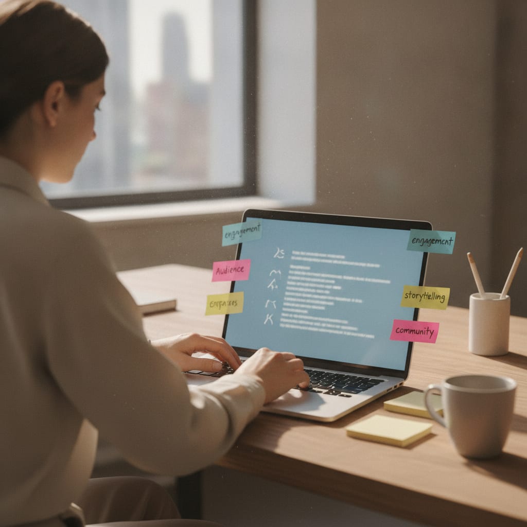 Creator rewriting a caption, hashtag list crossed out beside keyword phrases