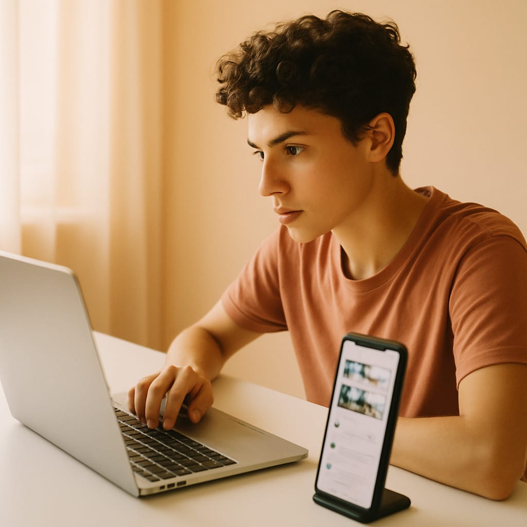 A creator reviewing caption copy on a laptop with a phone showing Instagram comments beside it