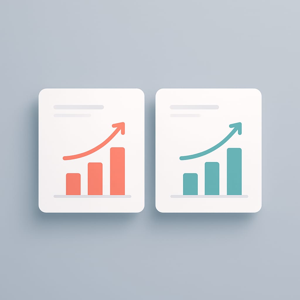 A flat illustration of A/B testing two different keyword CTAs with analytics metrics beside each option