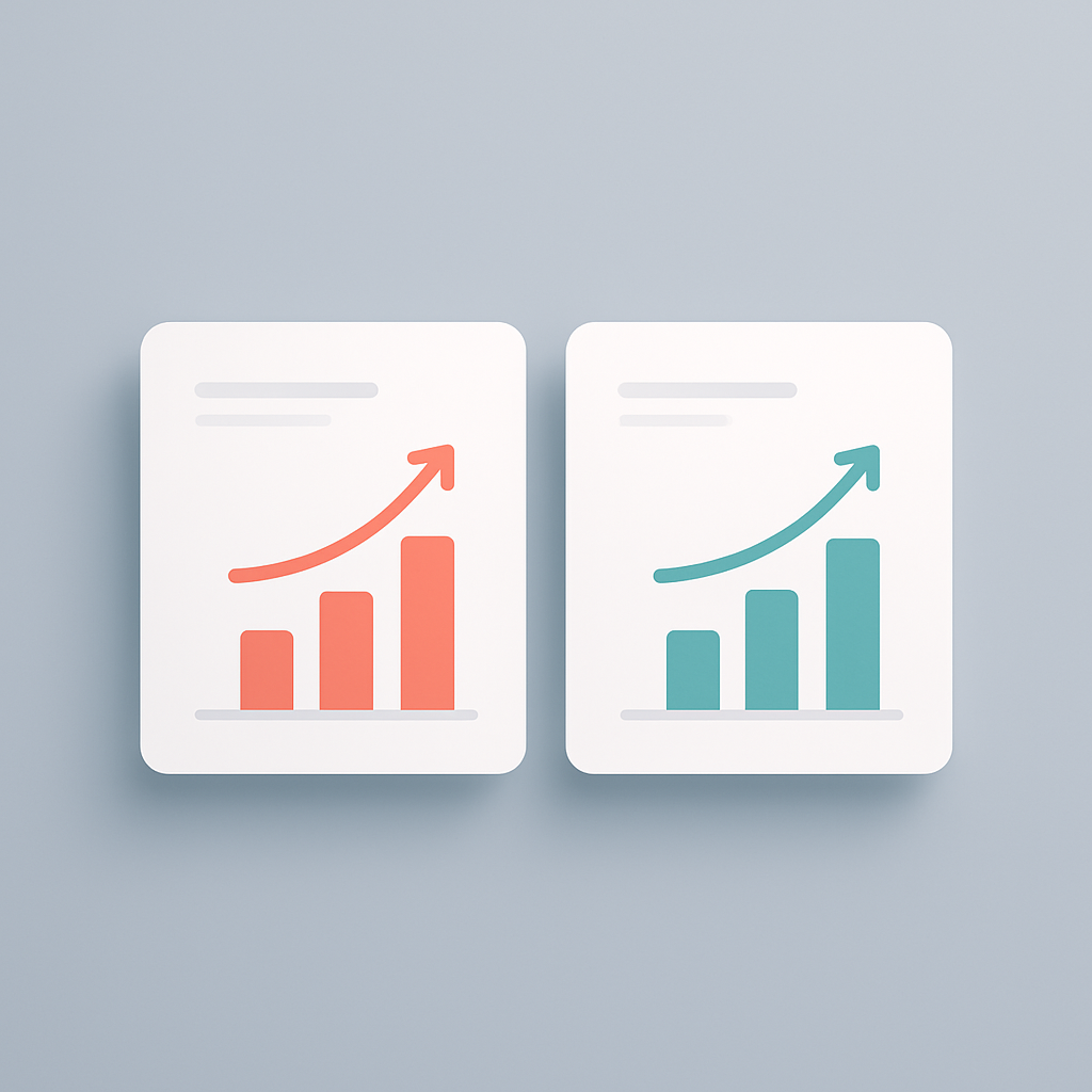 A flat illustration of A/B testing two different keyword CTAs with analytics metrics beside each option