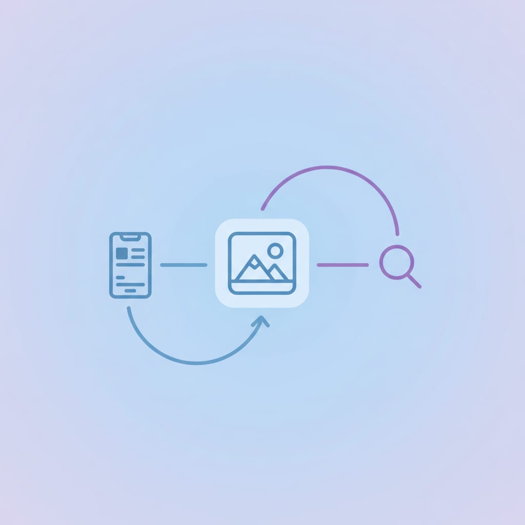 A single Instagram post icon with two paths branching out, one toward a phone feed and one toward a search results page