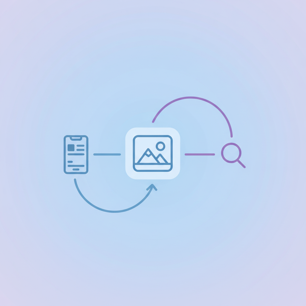 A single Instagram post icon with two paths branching out, one toward a phone feed and one toward a search results page