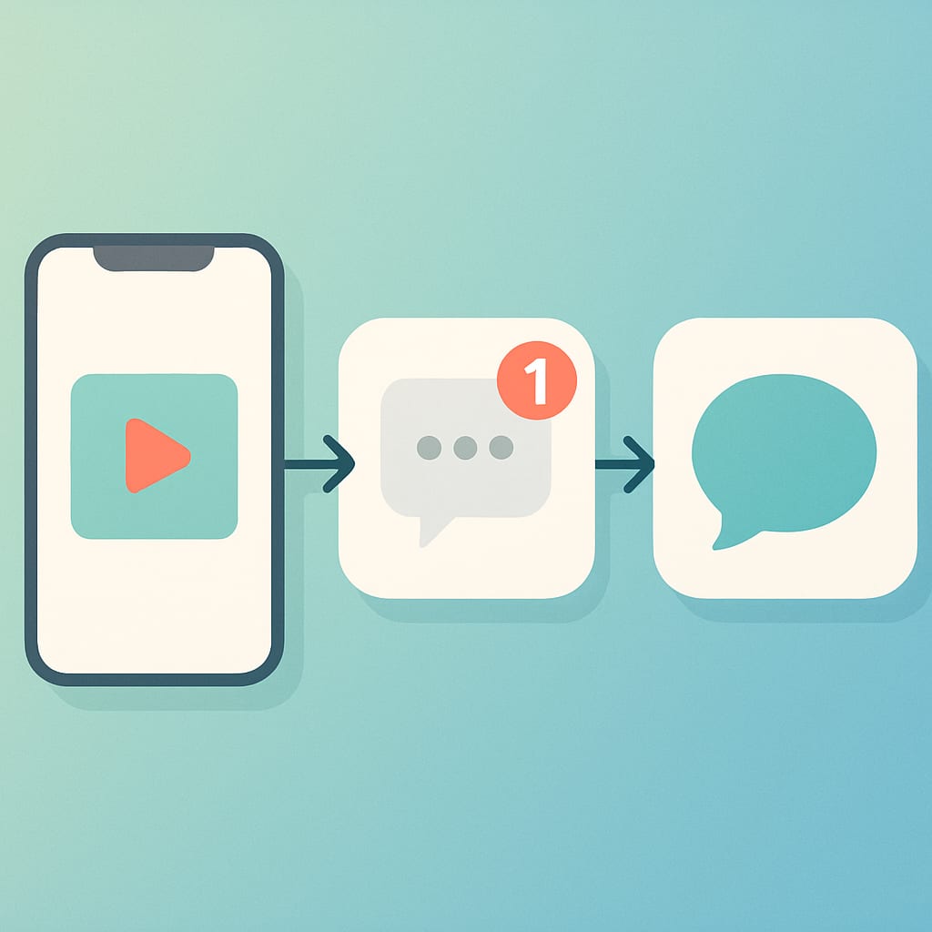 An illustration of a three-step Reels to DM conversion flow from video to comment to conversation