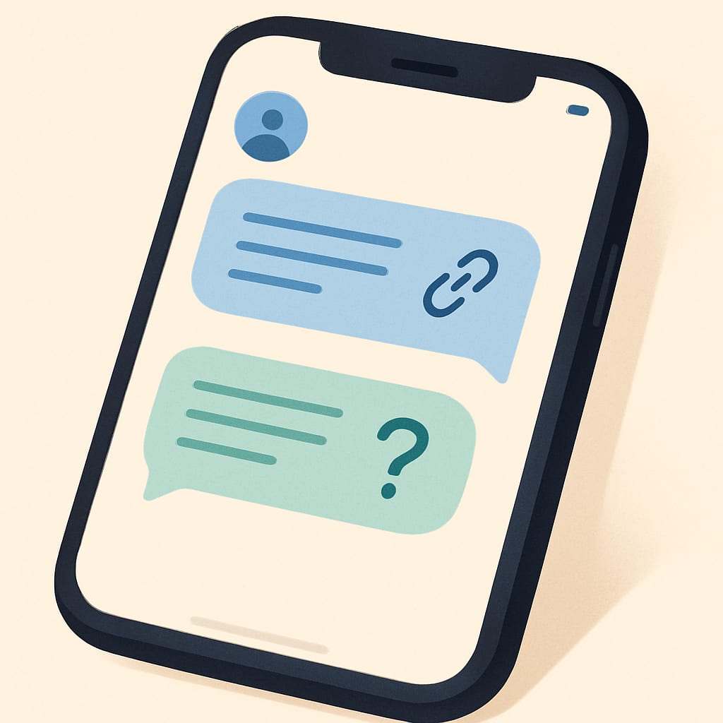 A smartphone showing a warm conversational DM exchange with an automated opener that includes a link and a follow-up question, soft blue and white colour palette, modern UI illustration style