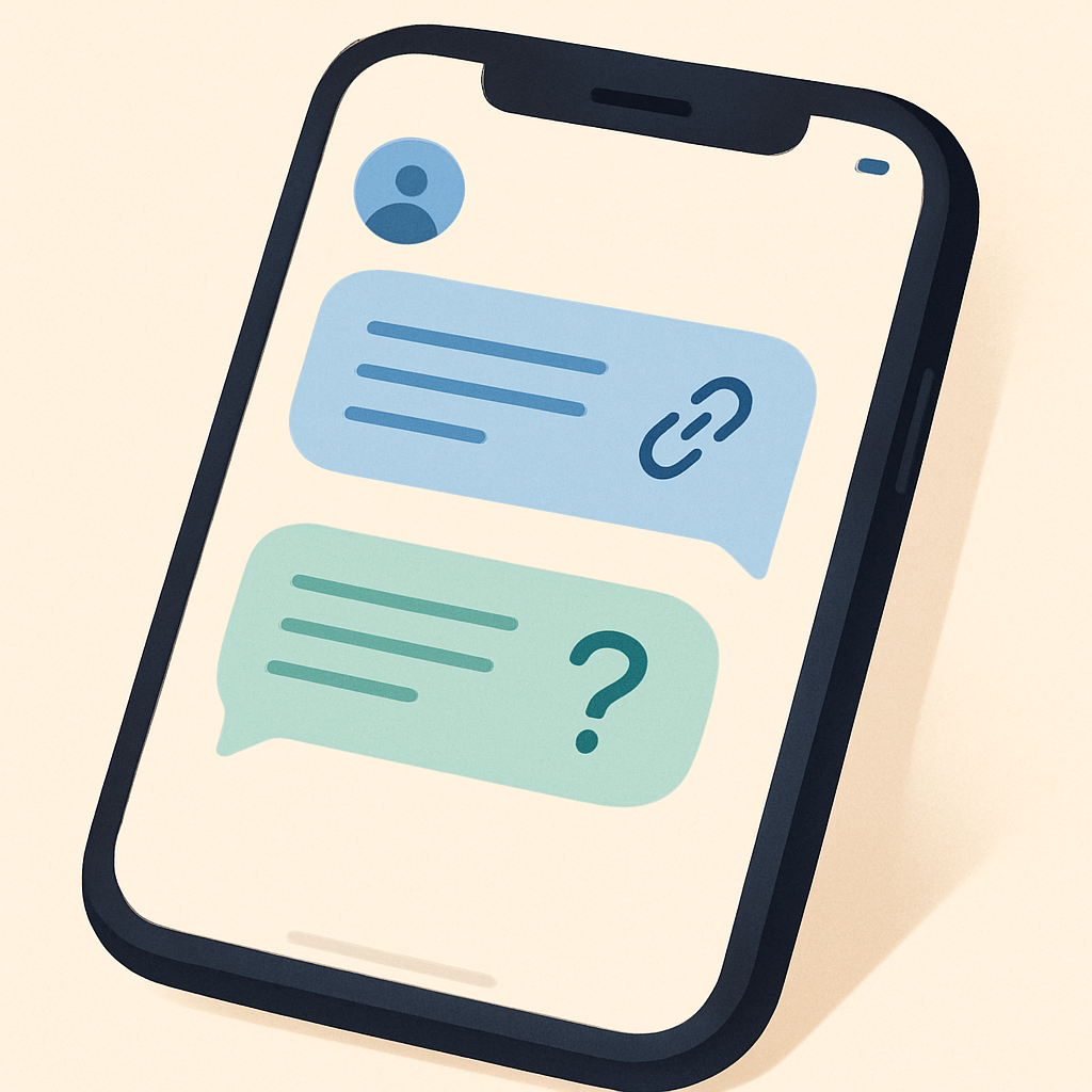 A smartphone showing a warm conversational DM exchange with an automated opener that includes a link and a follow-up question, soft blue and white colour palette, modern UI illustration style
