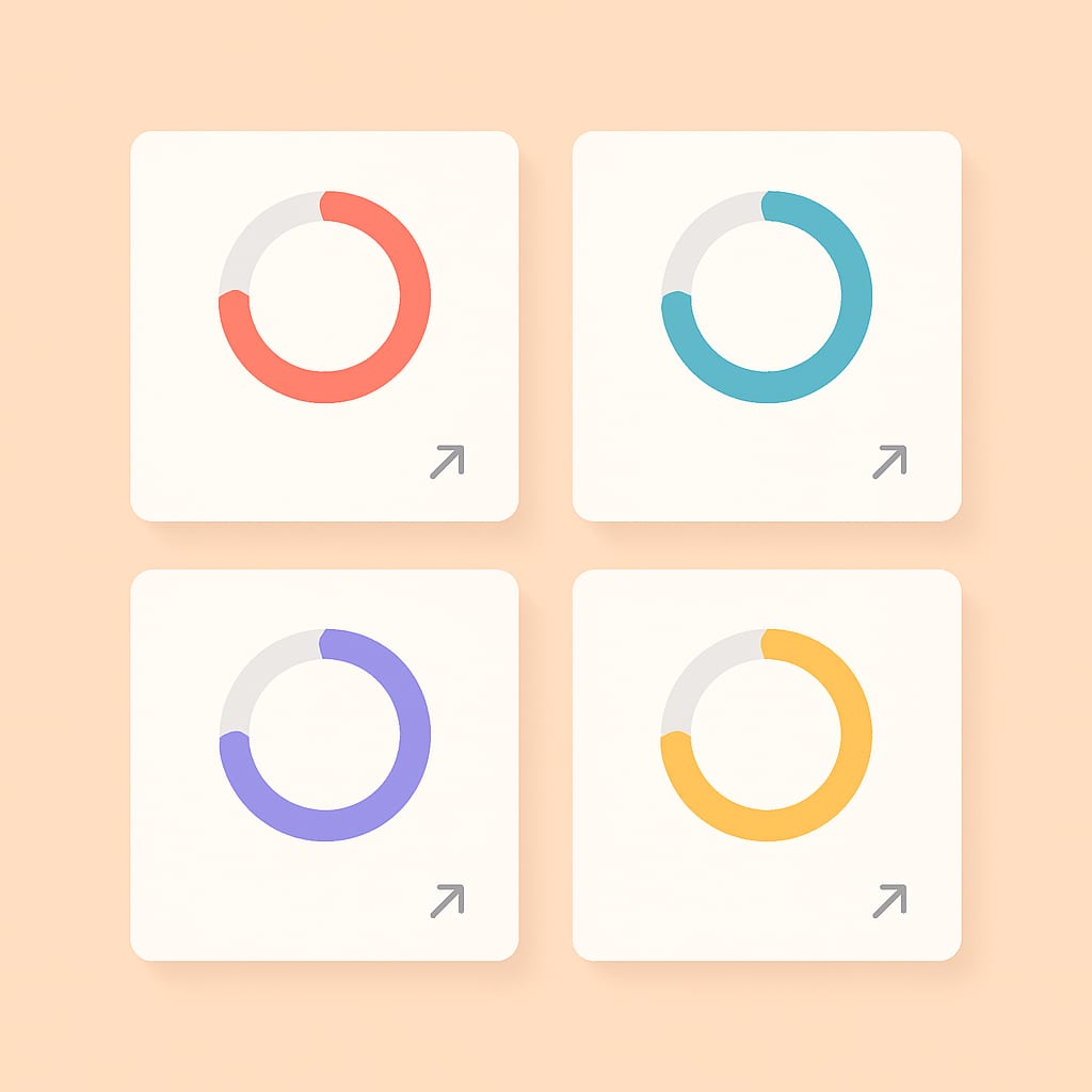 A clean flat-art analytics dashboard with four KPI metric cards showing story-to-DM rate, open rate, reply rate, and conversion rate in soft pastel tones on a white background, minimal design, no readable text