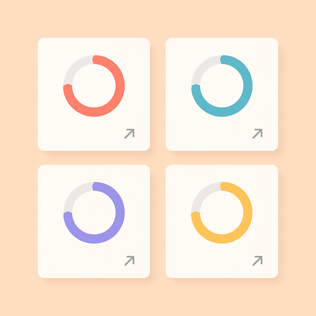 A clean flat-art analytics dashboard with four KPI metric cards showing story-to-DM rate, open rate, reply rate, and conversion rate in soft pastel tones on a white background, minimal design, no readable text