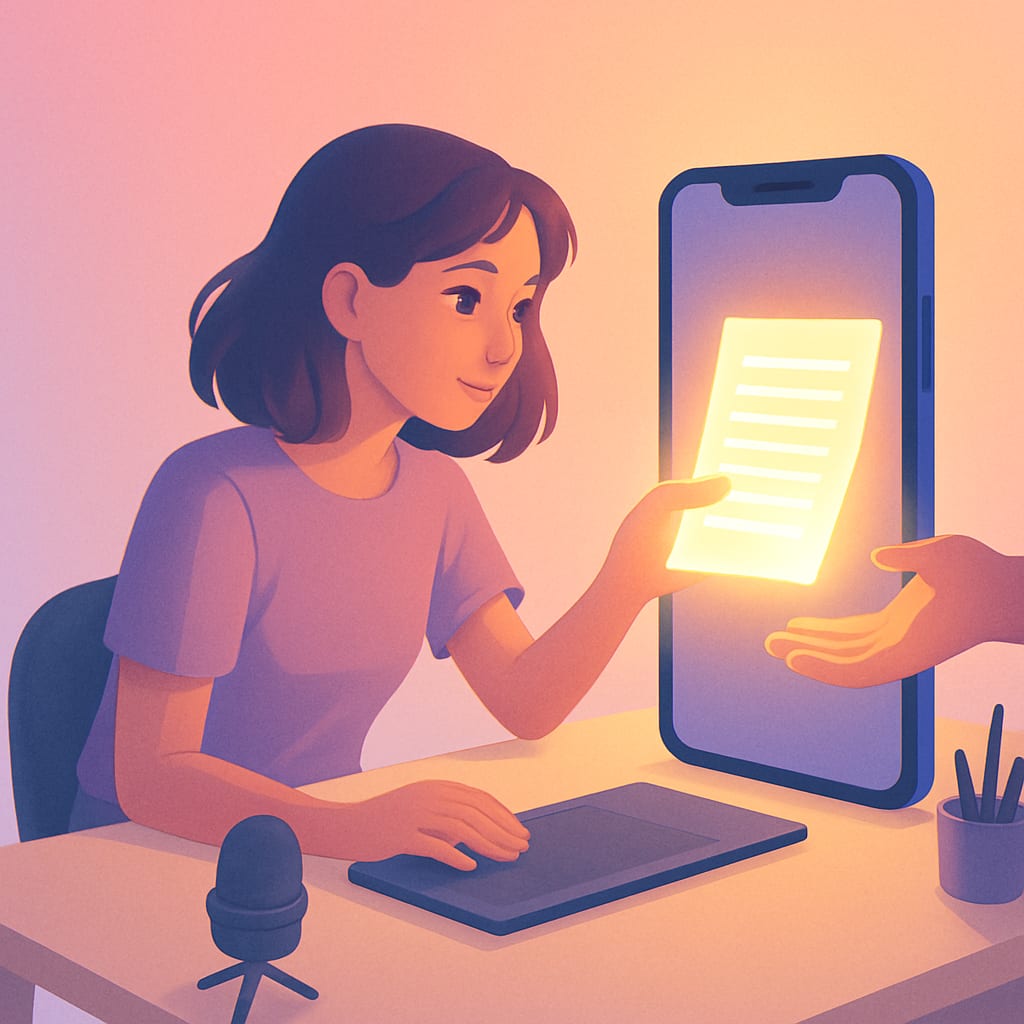 Creator reaching through a phone screen to deliver a digital resource to a follower