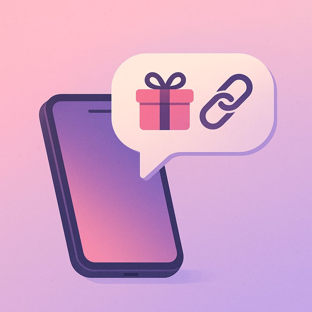 Smartphone with a chat bubble delivering a gift link via DM automation