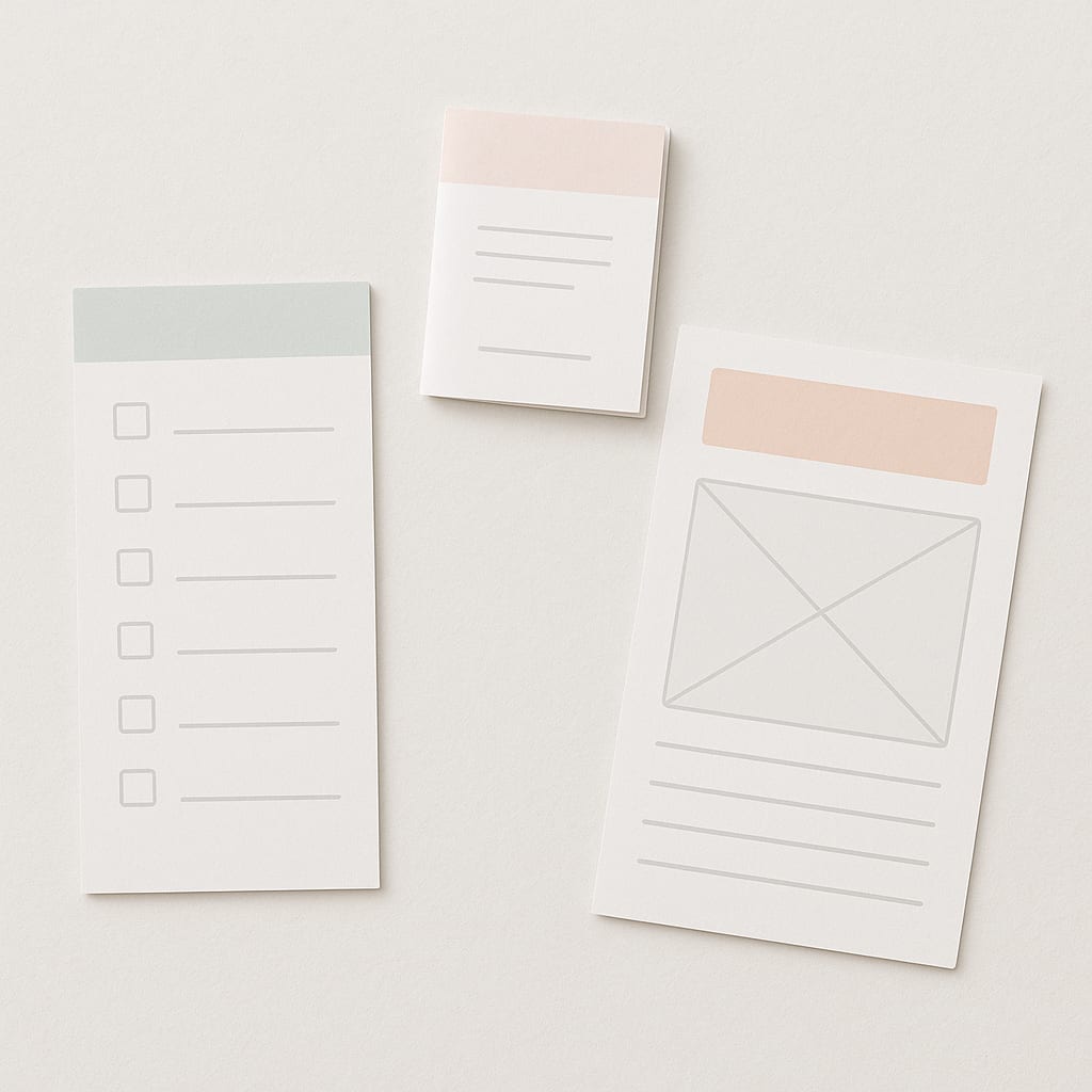 Flat-lay of digital content formats — checklist, PDF, template grid on a clean surface