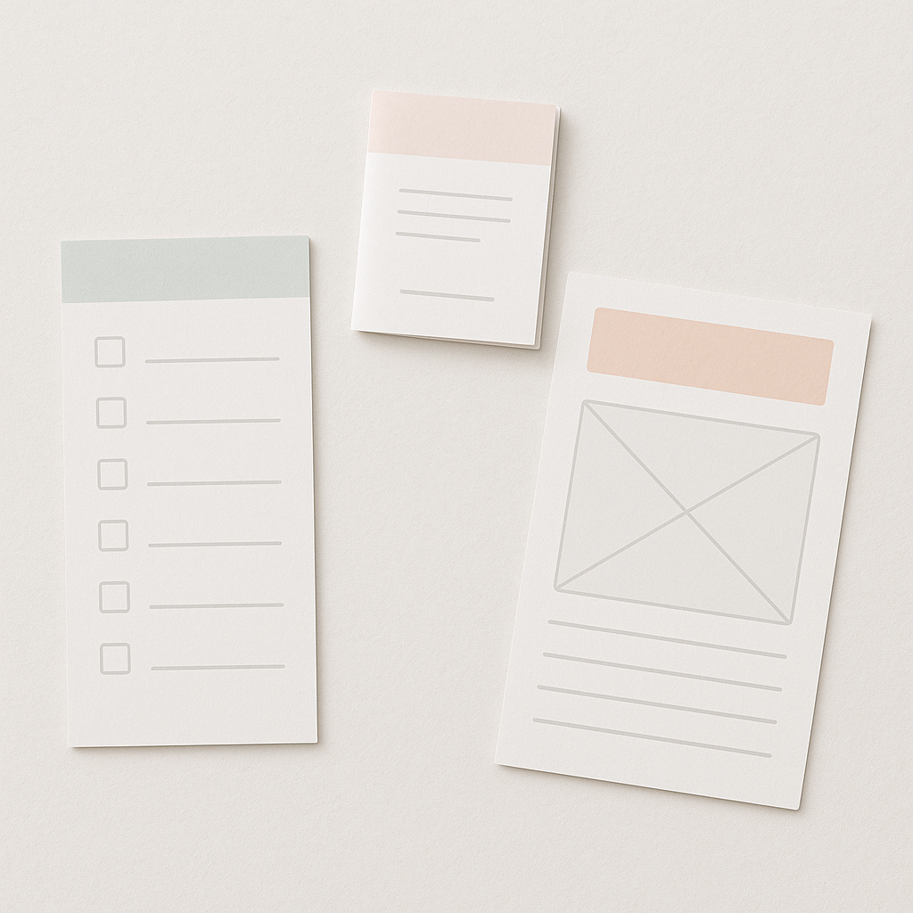Flat-lay of digital content formats — checklist, PDF, template grid on a clean surface