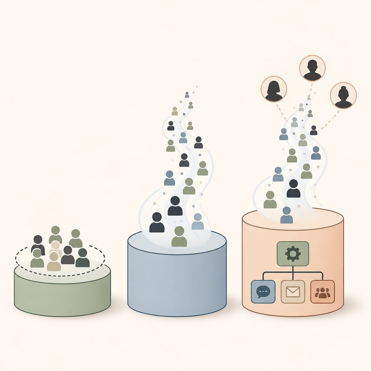 Three automation plan tiers progressing from a limited contact group to an open contact flow and multi-account automation