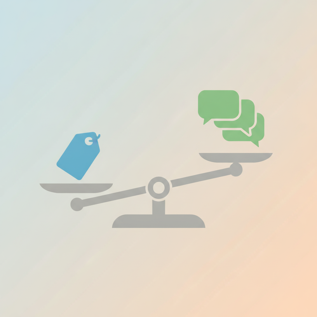 A small price tag icon next to a stack of DM message bubbles, both sitting on a simple scale